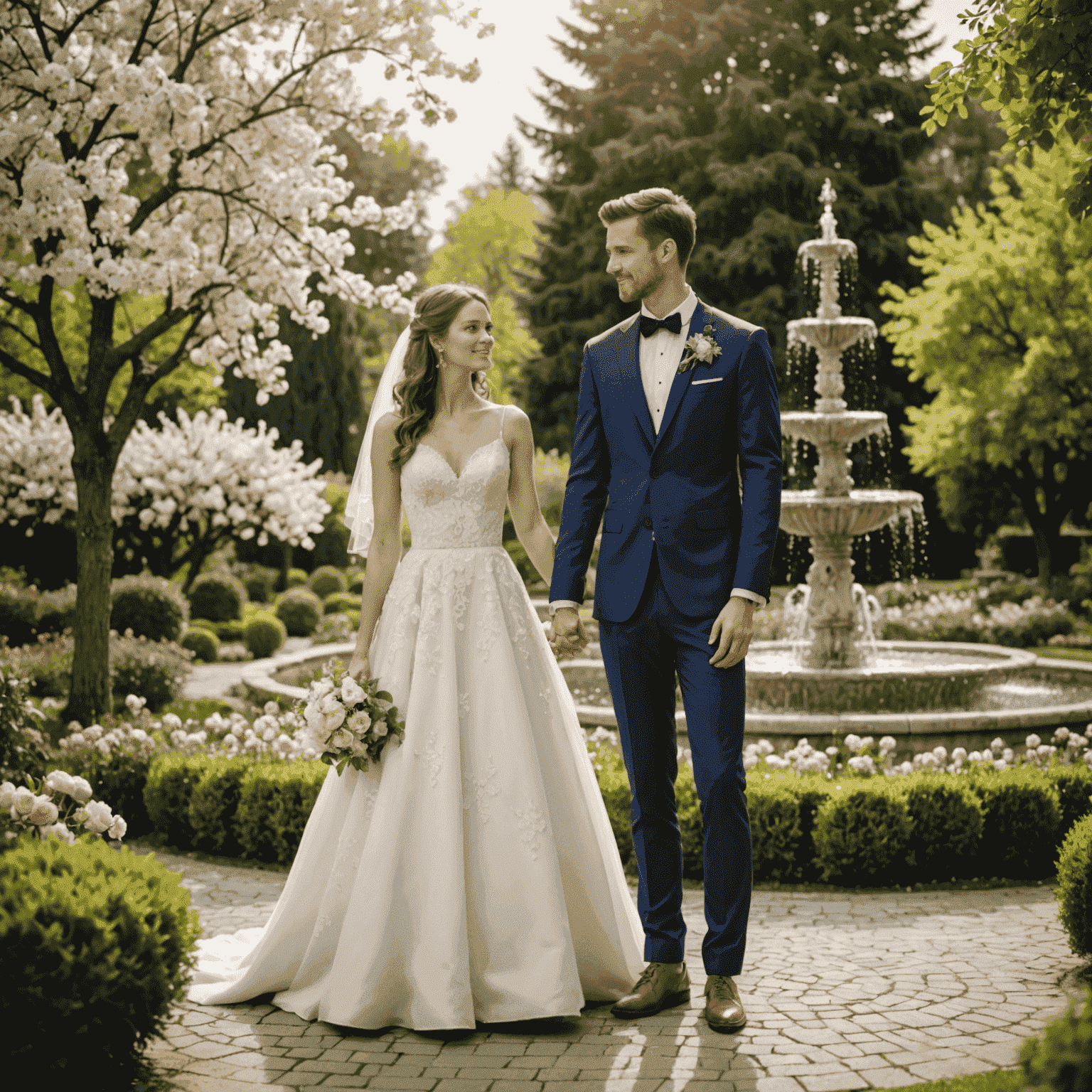 Para młoda pozująca w pięknym ogrodzie. Panna młoda w białej sukni ślubnej, pan młody w eleganckim garniturze. W tle widoczne kwitnące drzewa i fontanna.